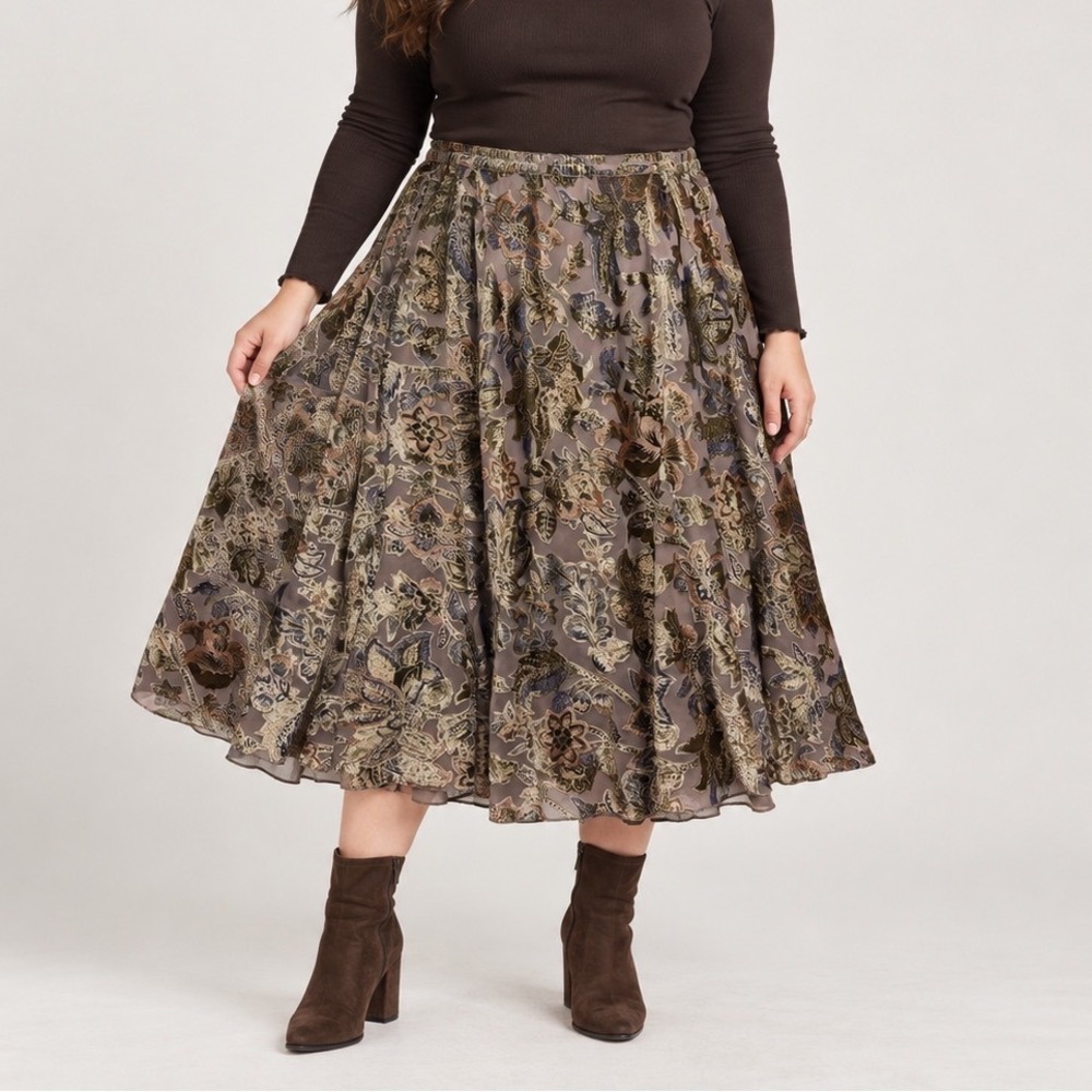 Coldwater Creek Womens Velvet Burnout Floral Midi Skirt Brown Whimsigoth Boho L